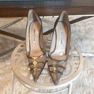 Manolo Blahnik Gotria Specchio/PVC PumpSize: US 37.  See photos for wear.